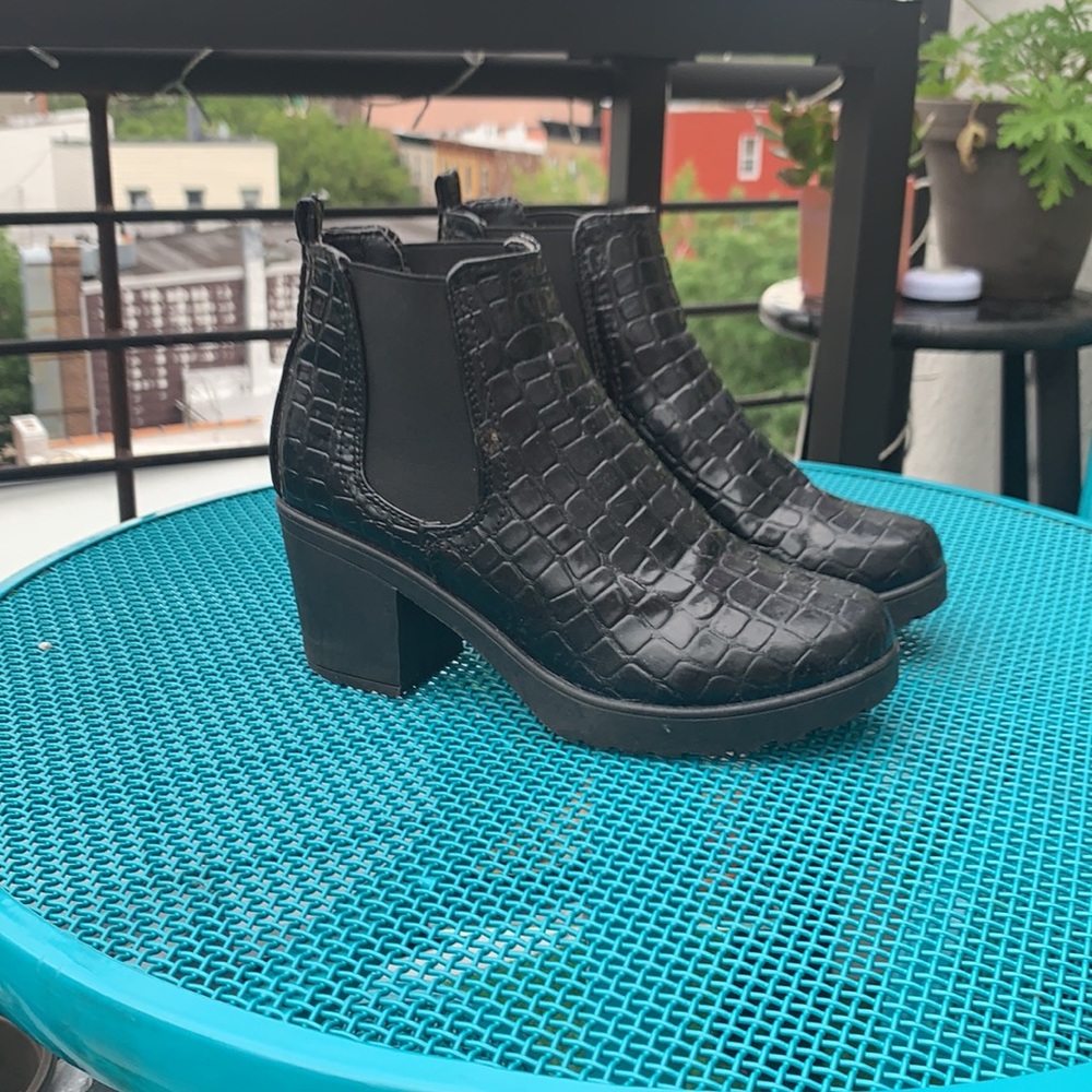 Krush Black Pleather Heeled Rain Booties - Fits 7